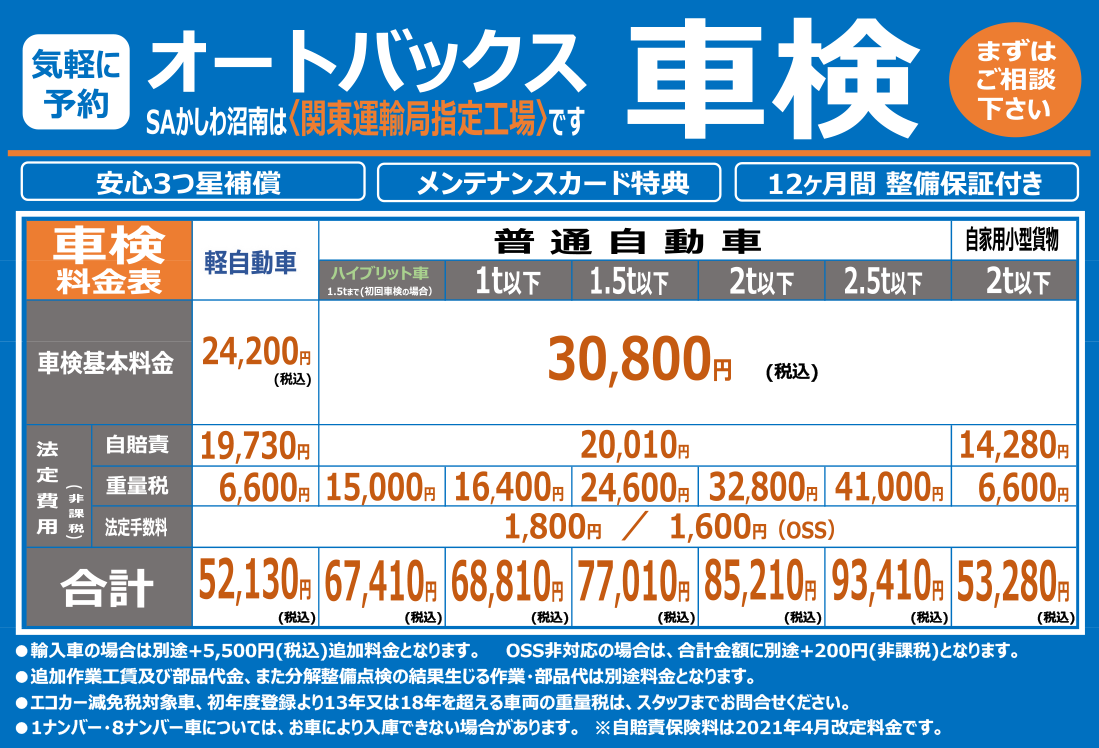 車検料金表