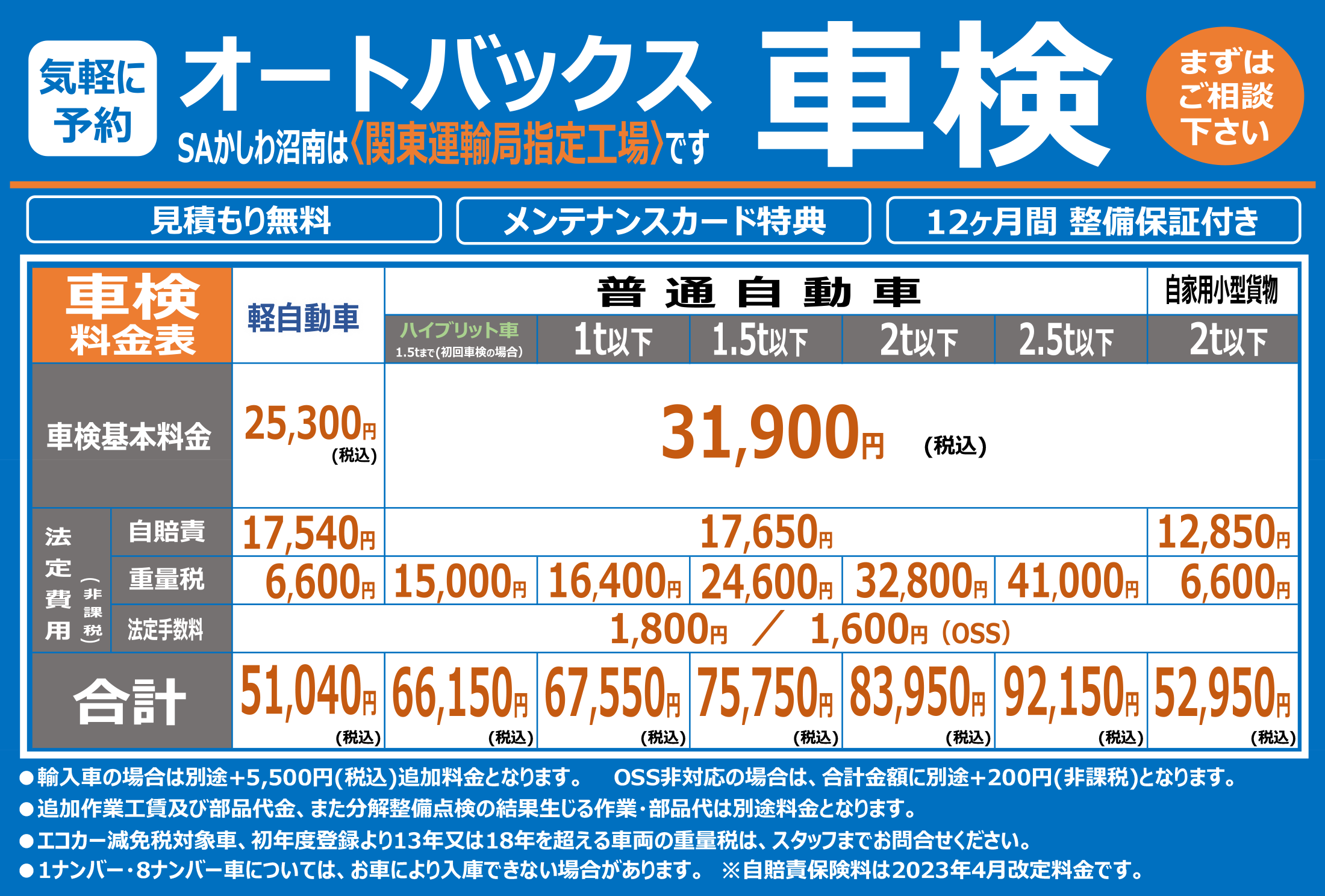 車検料金表